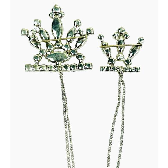 Vintage Sterling Chatelaine Brooch Pin Rhinestone Double Crowns Chains - Picture 4 of 10
